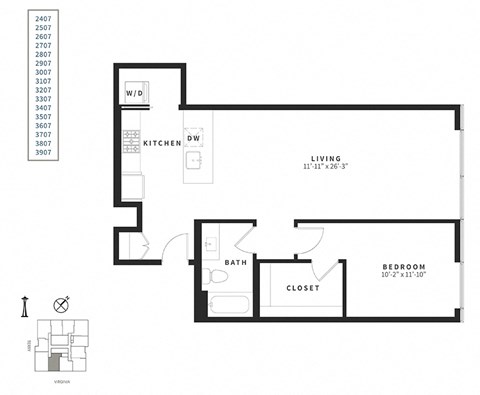 Floor plan for 1 bed, 1 bath, 861 sqft